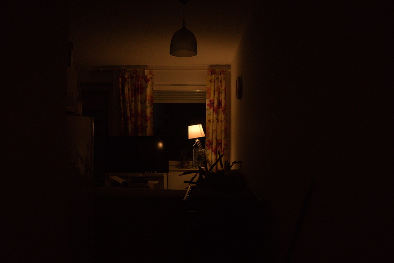 My apartment during the night, illuminated by a lamp in a corner; Wrocław.